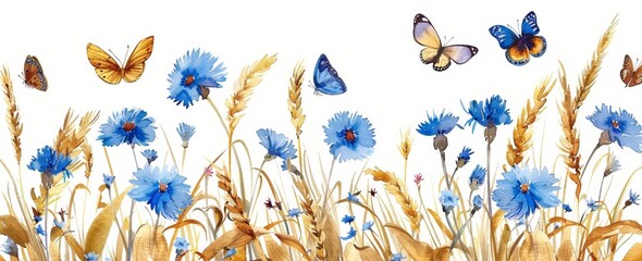 Wildflower and butterfly seamless watercolor pattern with repeating background elements for wrapping paper or textiles.