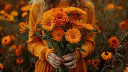 Wall Mural - close-up of a woman holding a bouquet of marigolds. Selective focus