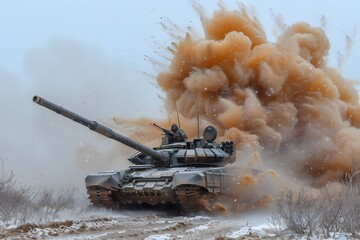 Military Tank in Explosive Combat Scene for Action-Themed Media and Defense Publications