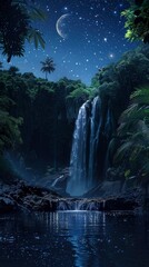 Wall Mural - Waterfall, Night sky, Jungle image wallpaper - generative ai