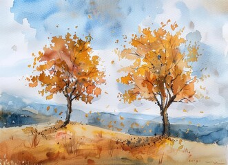 Watercolor painting illustration of autumn landscape yellow trees birch fall colors