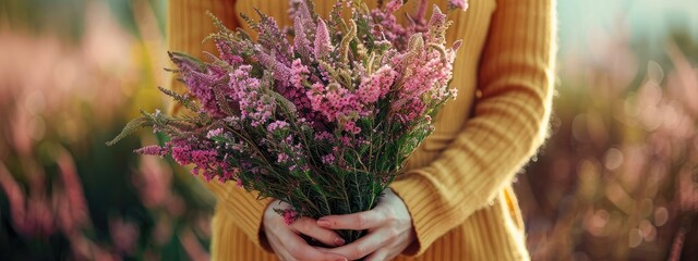 Wall Mural - close-up of a woman holding heather flowers in her hands. Selective focus