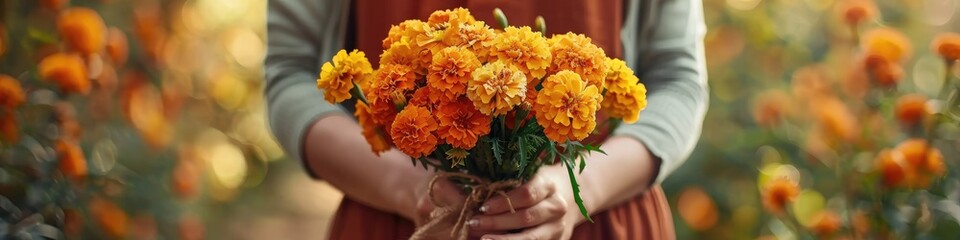 Canvas Print - close-up of a woman holding marigold flowers in her hands. Selective focus