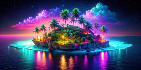 Poster - Vibrant neon island in the middle of the ocean at night , neon, island, glow, water, ocean, nighttime, vibrant, colorful