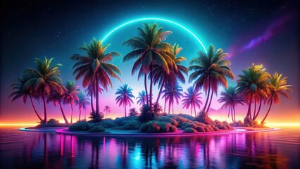 Vibrant neon island oasis at night with glowing lights and palm trees, neon, island, vibrant, oasis, night, glowing