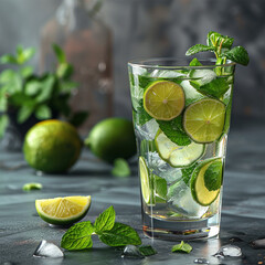 Wall Mural - Cold mojito, lemonade with ice, lime and mint on grey background, fresh summer tonic in glass. Cold drink. Made with generative ai. 