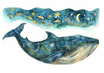 The hand-painted background of the night sky features a whale swimming among the stars.