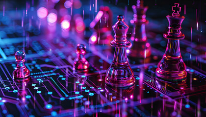 Wall Mural - Chess pieces on board in neon lights. Circuit board pattern and binary code symbolizing artificial intelligence