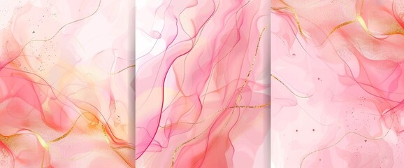 Pink liquid watercolor background with golden crackers. Pastel marble alcohol ink drawing effect. Modern illustration template design for wedding invitations.