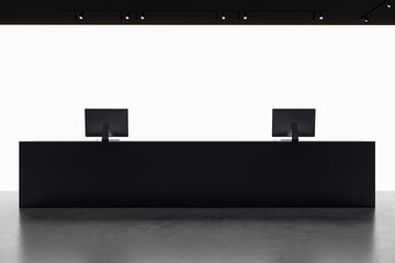 Poster - Clean office interior with bright white reception desk and mock up place. 3D Rendering.