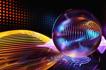 Wall Mural - abstract neon background with glowing sphere and lines on black