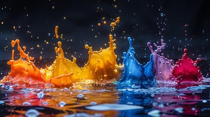 Wall Mural - Vibrant paint splashes in a row against a dark background, abstract artistic concept