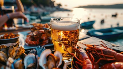 Poster - beer and seafood on the sea background. Selective focus