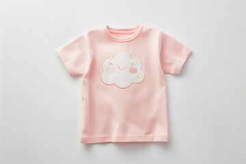 baby clothes, a soft baby pink t-shirt laid flat on a white background, the shirt is featured a small, simple graphic of a smiling cloud.