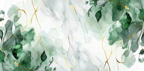 Wall Mural - Modern abstract art background with golden line art flower and leaves, organic shapes and watercolor colors. Perfect for banners, posters, web designs and packaging.