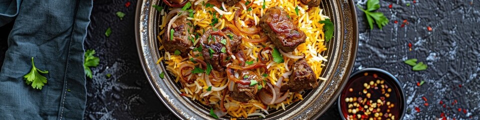 Poster - close-up of a dish of rice with meat. Selective focus