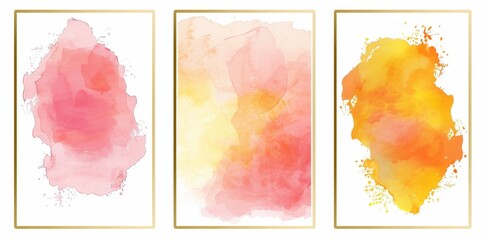 Wall Mural - Background template collection of 5x7 invitation cards with pink watercolor wash splashed with golden frame