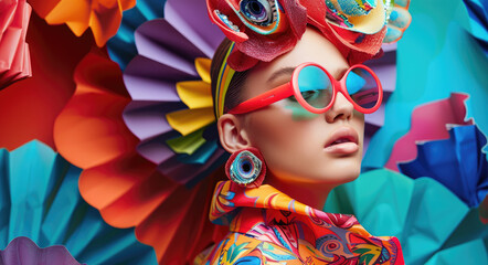 Wall Mural - A stunning female model with vibrant sunglasses, adorned in an elaborate headpiece and colorful attire, showcases her unique style amidst the backdrop of an abstract paper sculpture