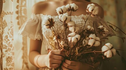 Wall Mural - close-up of a woman holding cotton flowers in her hands. Selective focus