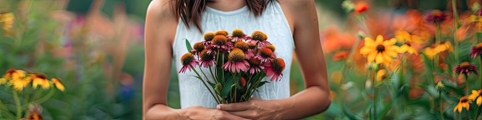 Wall Mural - close-up of a woman holding echinacea flowers in her hands. Selective focus