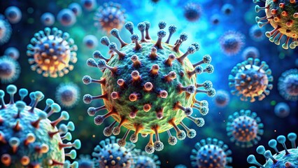 Sticker - Close-up image of a microscopic virus, biology, infectious, disease, pathogen, science, research, microbiology, influenza