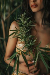 Wall Mural - close-up of a woman holding hemp flowers in her hands. Selective focus