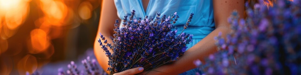 Wall Mural - close-up of a woman holding lavender flowers in her hands. Selective focus