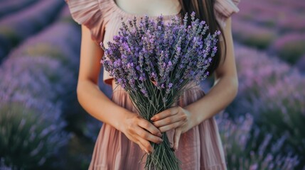 Wall Mural - close-up of a woman holding lavender flowers in her hands. Selective focus