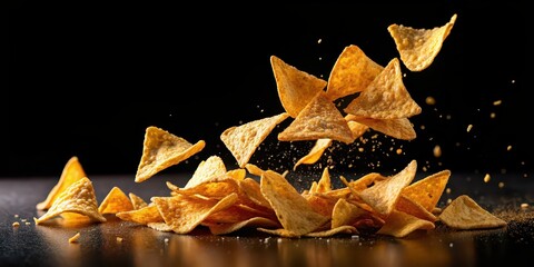 Sticker - Falling corn chips isolated on black background, corn chips, snack, falling, food, crispy, crunchy, close-up, texture, Mexican