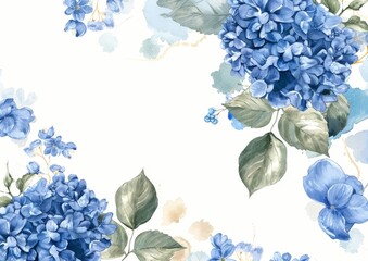 Wall Mural - Set of watercolor wedding invitation templates with beautiful blue floral and leaf decorations