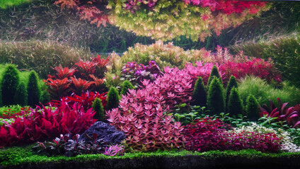 Wall Mural - Colorful planted aquarium tank. Aquatic plants tank. Dutch inspired aquascaping with colorful aquatic stem plants. Aquarium garden, selective focus