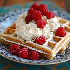 Wall Mural - Waffles with raspberries and whipped cream.