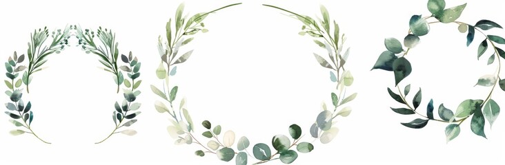 Wall Mural - Greenery leaf wreaths and bouquets with watercolor frames