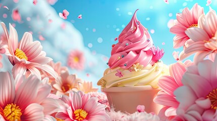 Wall Mural - close up of ice cream in flowers. Selective focus