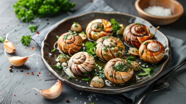 close-up of a dish of snails and greens. Selective focus