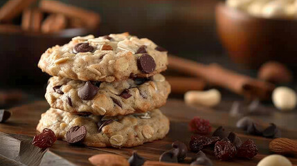 Indulge in the aroma of freshly baked oatmeal cookies, brimming with the goodness of juicy dried fruits, crunchy nuts, rich chocolate chips, and the warmth of cinnamon.