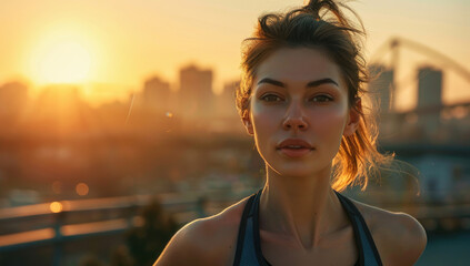 Wall Mural - A beautiful woman in sportswear running outdoors, sunset background, close-up of her face and upper body, with blurred city buildings behind her