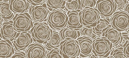 Rose flowers seamless pattern with outline style. vector floral background. 