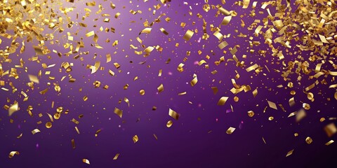 Poster - Golden confetti falling on purple background with light, celebratory, festive, party, shiny, bright, colorful