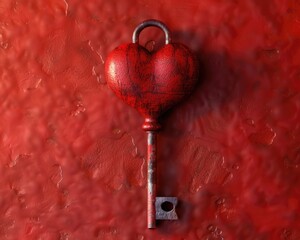 Wall Mural - Heart and Key. Love Concept with Three-Dimensional Red and White Background