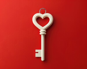 Wall Mural - Heart And Key. Three-dimensional Red Keyhole With Heart Symbol on White Background