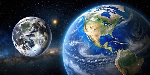 Sticker - A stunning stock photo of the Earth and Moon in space, earth, moon, space, planet, satellite, orbit, celestial