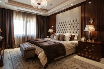 Wall Mural - Bedroom Set. American Apartment Architecture with Beautiful Bedchamber and Bright Brown Cabinet