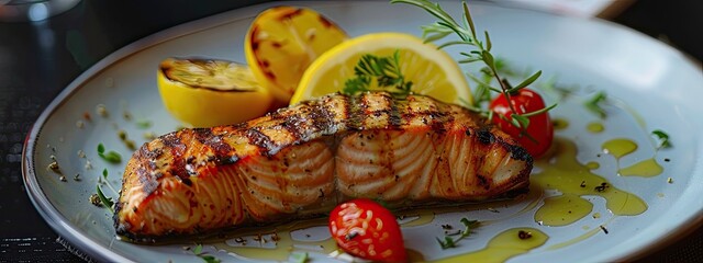 Wall Mural - close-up of grilled salmon on a plate. Selective focus