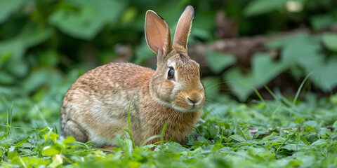 Wall Mural - A brown rabbit sitting amidst lush green grass and foliage, alert with ears perked up