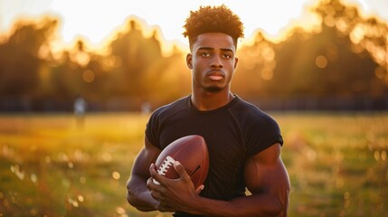 Holding Football. American Football Player Training Outdoors