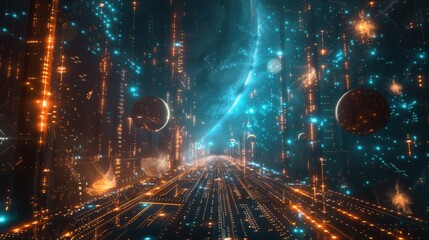 Wall Mural - A futuristic cityscape with a blue planet in the background