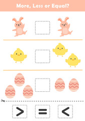 Wall Mural - Comparison Worksheet with Cute Cartoon Easter for Kids. Counting Games for Preschoolers. More or Less Worksheet for Kindergarten.