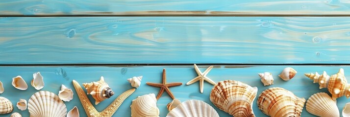 Wall Mural - Seashells and Starfish on a Blue Wooden Plank