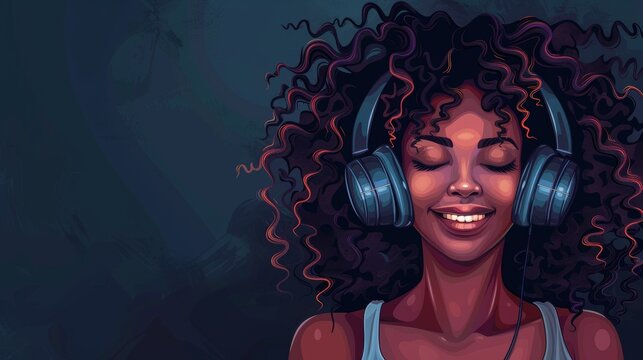 AI illustration of a happy black cartoon girl listening to music against a dark background in front of the camera